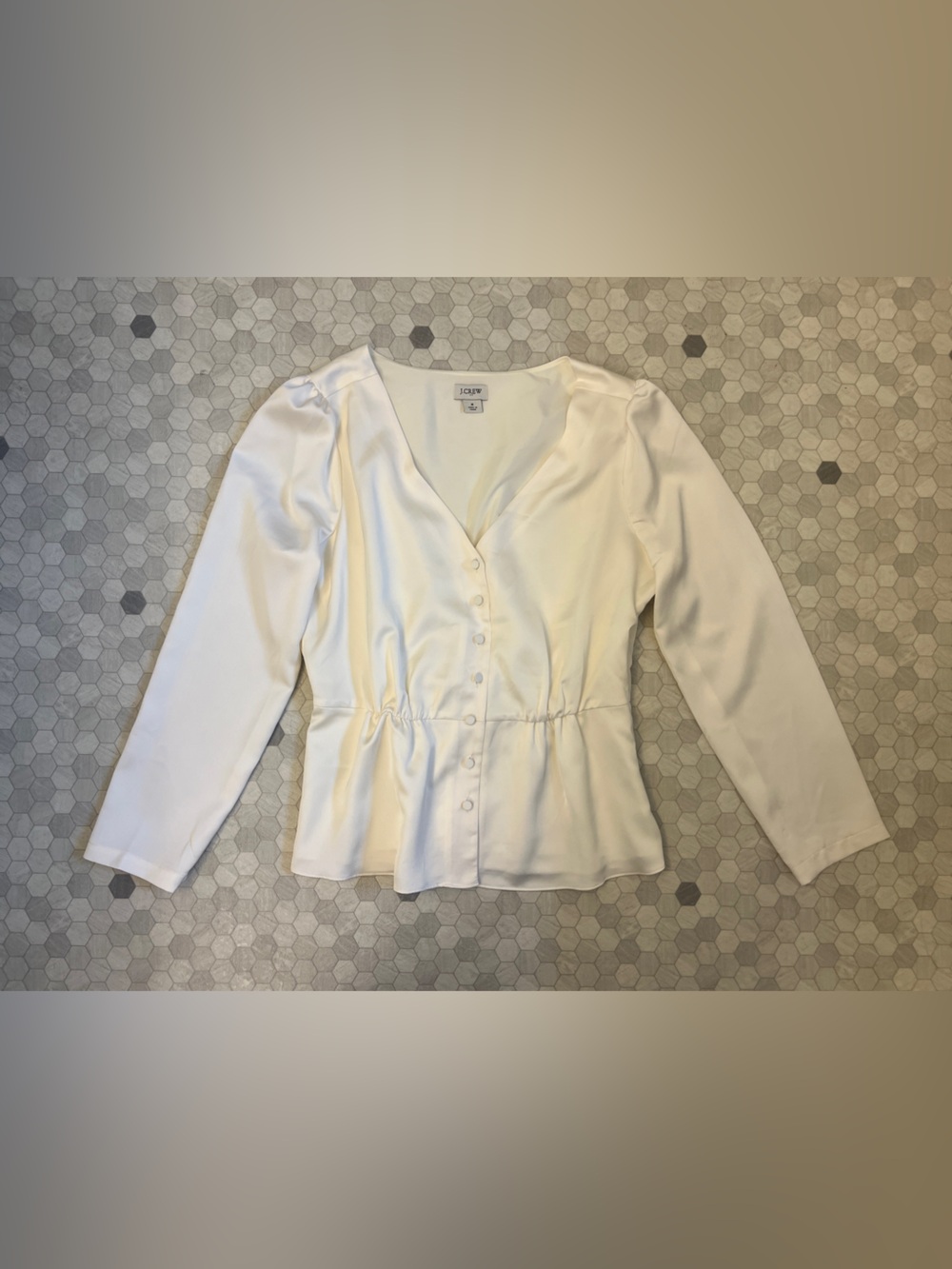 J.Crew Ivory Ruched Button Front Peplum Blouse Size 6
